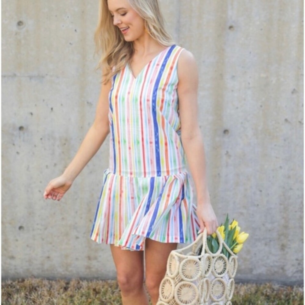 Brooke Wright Multicolor Drop Waist Pleated Sleeveless Dress, Size L